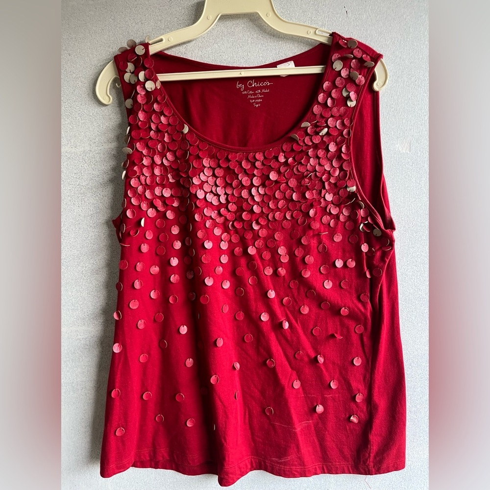 Chico’s Red SleevelessTop with Faux Leather Accents Size 2